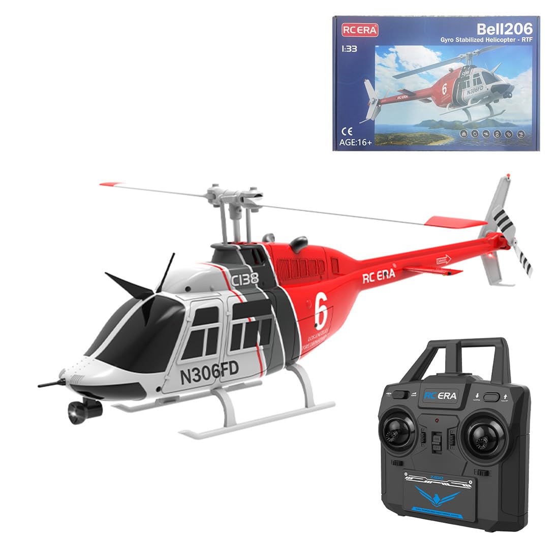YUTT Helikopter Rc, RC ERA C138 1/30 skala 206 helikopter 2,4 G 6CH bez lotki z utrzymaniem wysokości (wersja RTF/czerwono-czarno-biały)