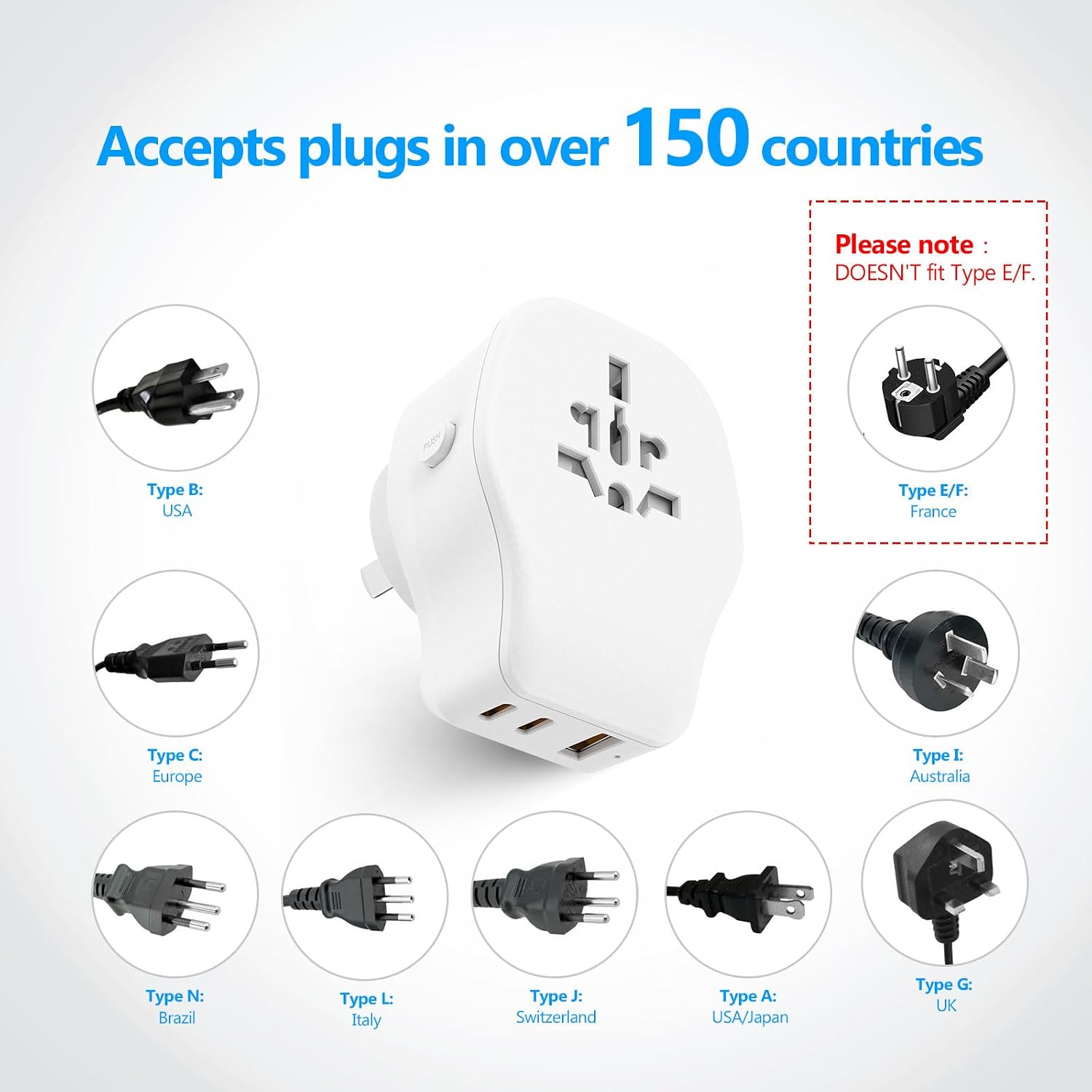  International Travel Adapter Set with 3 USB Ports 1 AC Socket, Includes Type B, I, G, E/F Detachable Attachments for Using in European Countries, Germany, Spain, Australia, UK (White) thumbnail