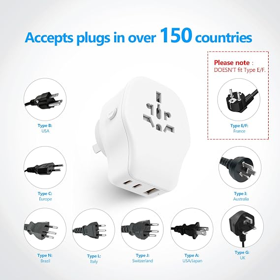 JSVER International Travel Adapter Set with 3 USB Ports 1 AC Socket, Includes Type B, I, G, E/F Detachable Attachments for Using in European Countries, Germany, Spain, Australia, UK (White)