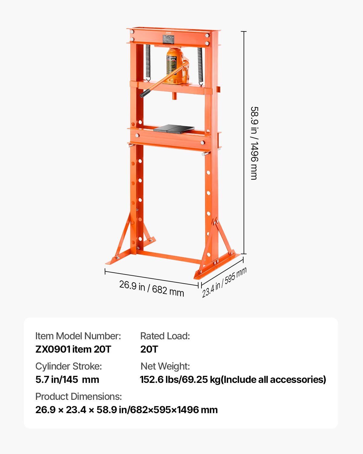 VEVOR Presse d'Atelier 20 T, Presse Hydraulique à Cadre en H, avec Plaque de Pressage et Support Triangulaire, réglable, autoportant, avec soupape de décharge, adaptée au pliage, au redressage