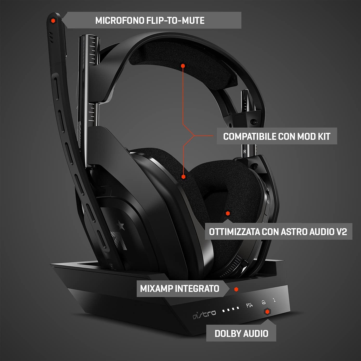 ASTRO Gaming A50 Cuffia wireless + Stazione di ricarica per videogiochi, 4 Gen, Dolby, bilanciamento del suono di gioco e della voce, 2.4 GHz, PS5 (è necessario un adattatore HDMI), PS4, PC/Mac - Nero
