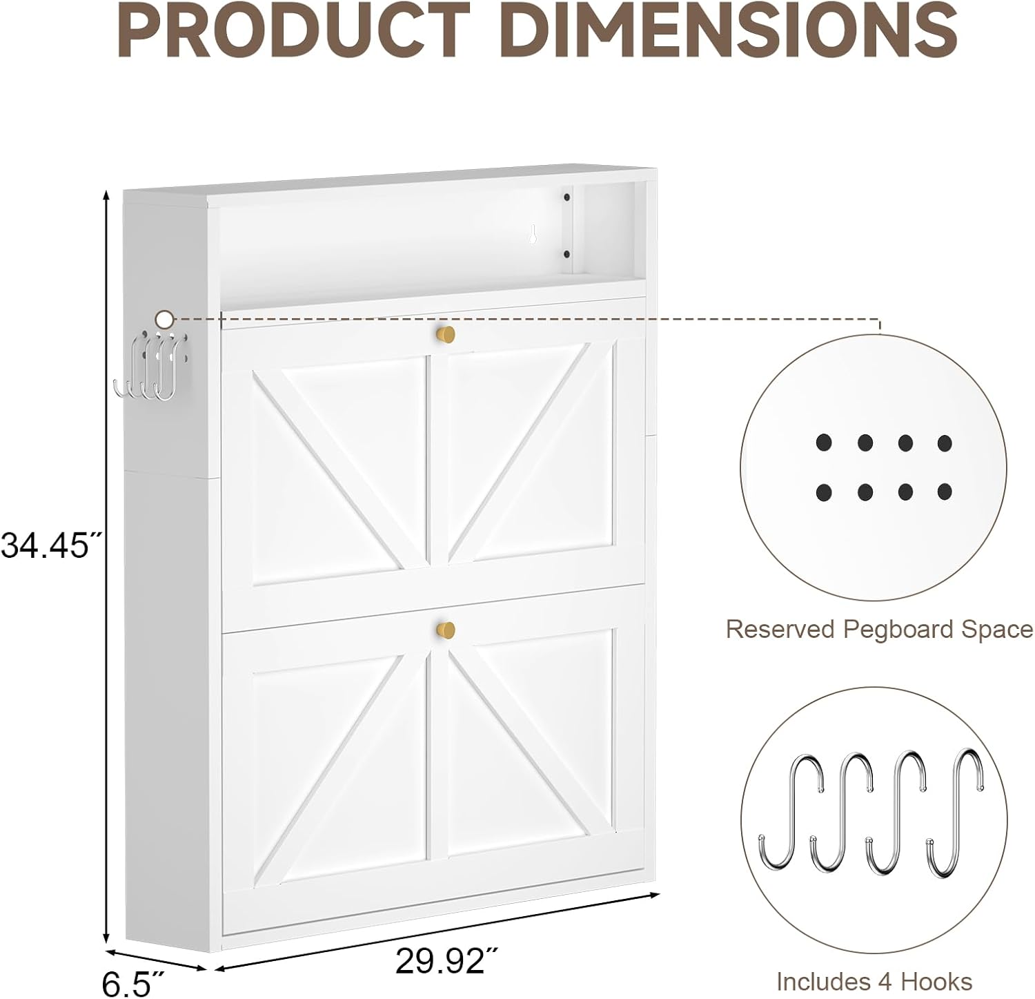 Hidden Shoe Rack, 2 Flip-Down Floating Shoe Storage Cabinet for Entryway, Behind Door Wall Mount Shoe Cabinet with Open Top Shelf & Prgboard, Space-Saving Slim Shoe Storage, Anti-Tip, White
