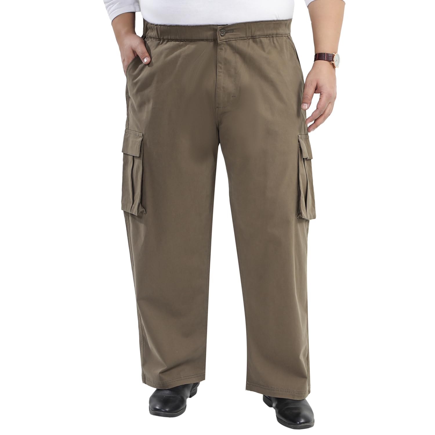 Plus Size Men Mid-Rise Elasticated Waistband Brown Cargo Styles Wide Leg Trouser (JPCR23003_Brown)-image-46