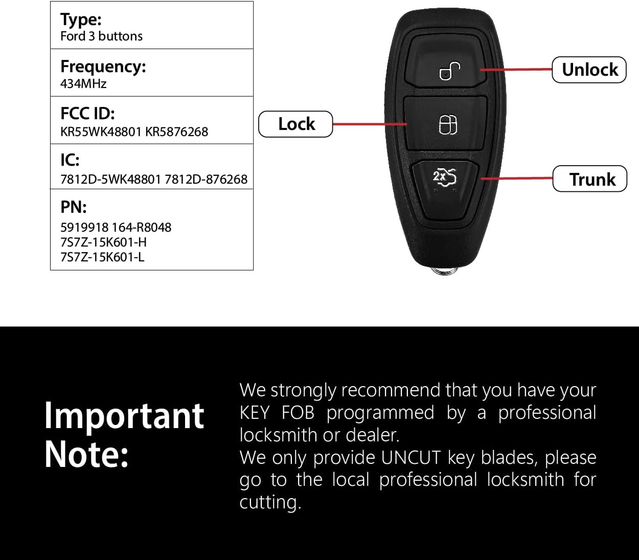 Car Key Fob Remote Keyless Entry Control KR55WK48801 434MHz 3 Button Replacement for 2011-2019 Ford Fiesta Focus Titanium C-Max - 2 Pack