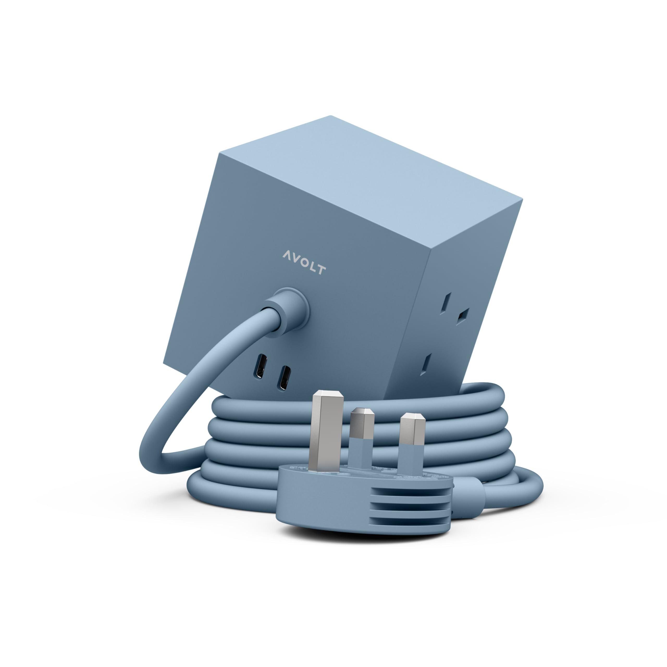 Avolt Square 1 Magnetic Extension Lead Cube with USB-C – Design Power Cube with 3 UK Sockets, 2 USB-C Ports & 1.8 m Cable – Modern Desk Extension Lead for Home, Office & Workspaces (Shark Blue)