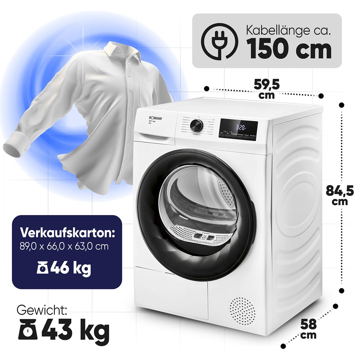 Bomann® Wärmepumpentrockner 8kg | kein Wasseranschluss nötig | Trockner m. Antiknitterfunktion | Wäschetrockner 15 Programme | Kondenstrockner | umweltfreundliches Kühlmittel R290 | WPT 7154 weiß