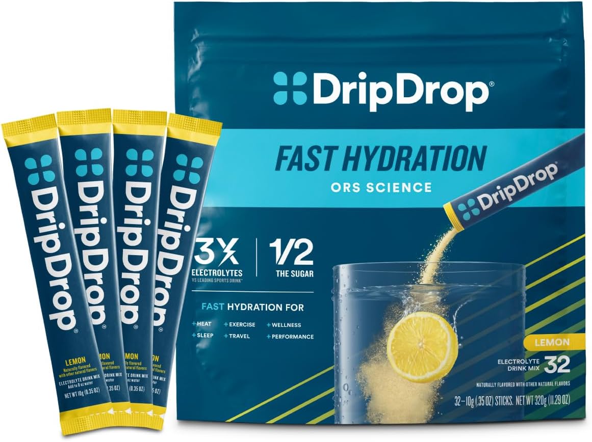 DripDrop Hydration Packets - Lemon - Single Serve Electrolytes Powder Drink Mix - Non-GMO, Gluten Free, Vegan - 32 Sticks