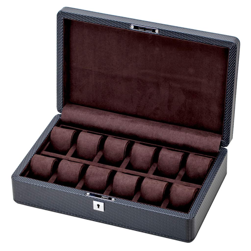 HVMBEUGOS Watch Box 12 Slots Luxury Jewelry Organizer Carbon Fiber Display Case 12 Removal Storage Pillows Lockable Metal Buckle