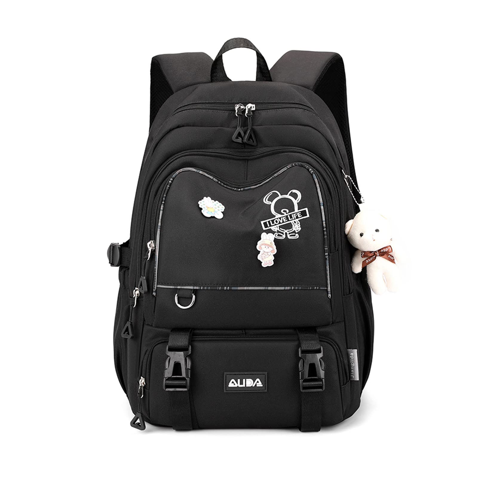 FANDARE Zainetti Cartelle per Scuola Elementare, Zaino Casual per Ragazzi Studenti Scuole primarie Viaggiare, Daypacks con ciondolo in peluche, Impermeabile, Nylon Nero