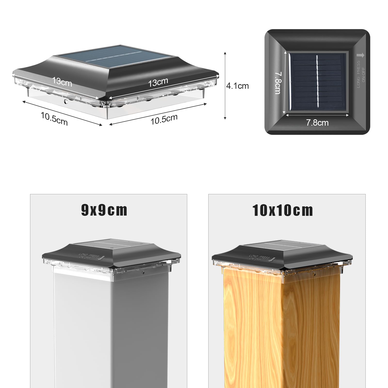 4er Pack Solar Pfostenleuchten Außen, LED Pfostenkappen Solar 9x9 10x10, IP44 Wasserdichte Pfostenlampe mit 3 Farbmodi (Kaltweiß/Warmweiß/Mischlicht), Säulenleuchte für Terrasse Zaun Pfosten