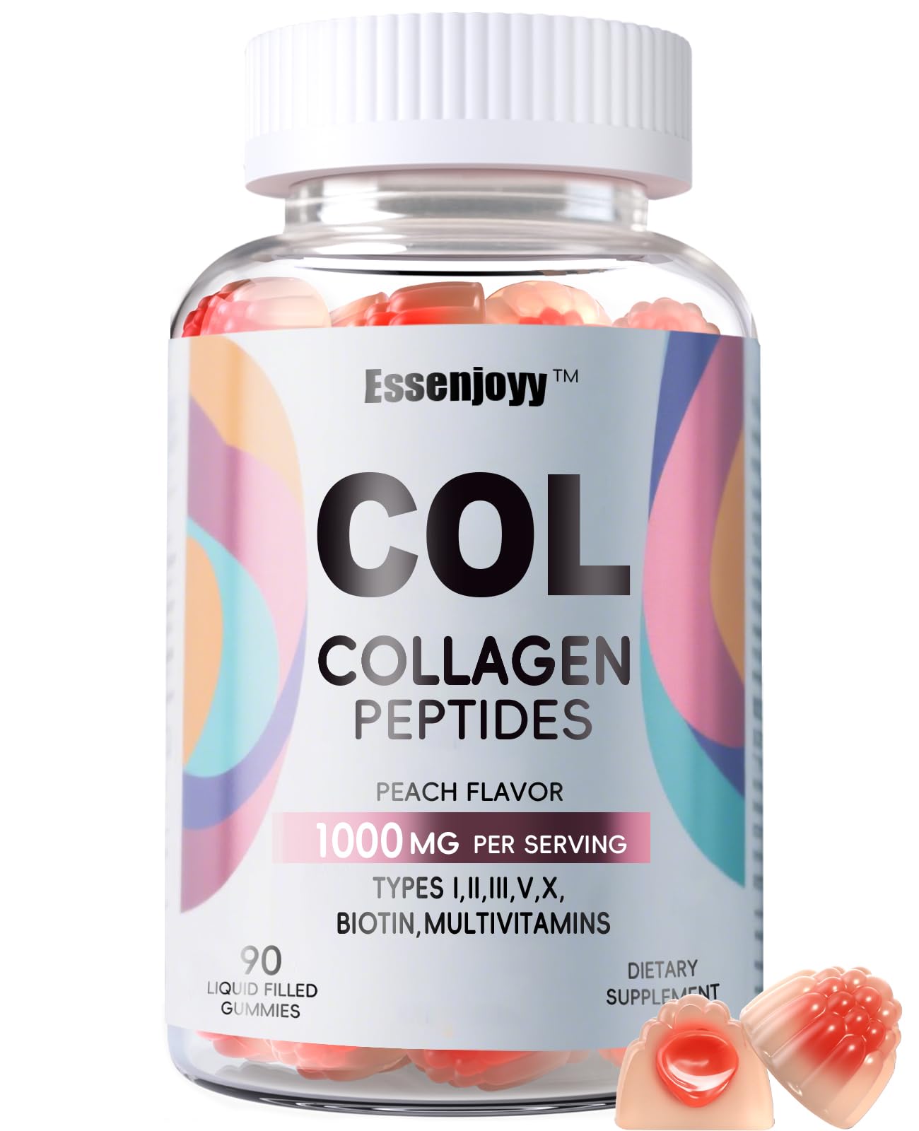 Liquid Filled Collagen peptides Gummies for Women Man 1000mg with biotin Vitamin C E-Sugar Free Multi hydrolyzed Collagen