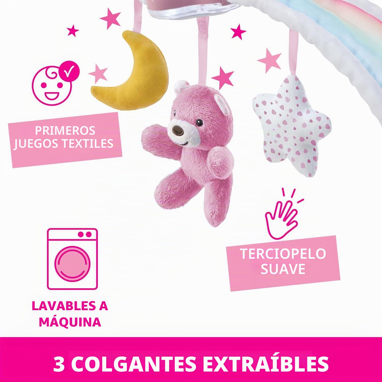 Chicco Rainbow Sky, Arco de Desarrollo 2 en 1 Compatible con la Cuna Next2Me, Panel de Cuna con Arco Iris y Luz Nocturna con Música Relajante y Colgantes, Juguetes Bebés de 0+ Meses, Rosa