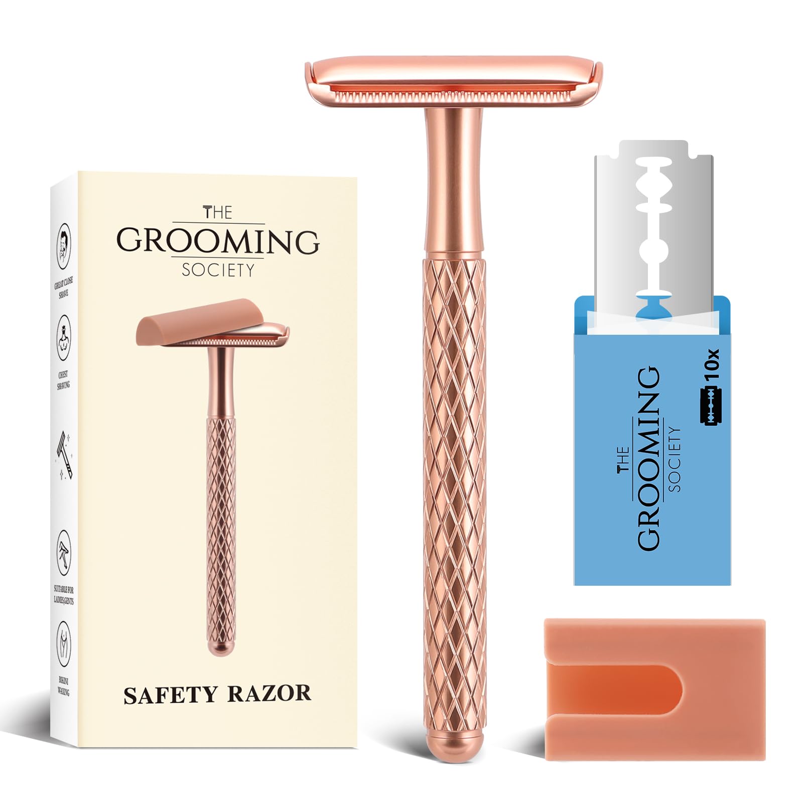 Double Edge Safety Razor for Women with Silicone Cover & 10 Blades for Travel Metal Eco-Friendly Reusable Single Blade Razor for Shaving (Rose Gold)