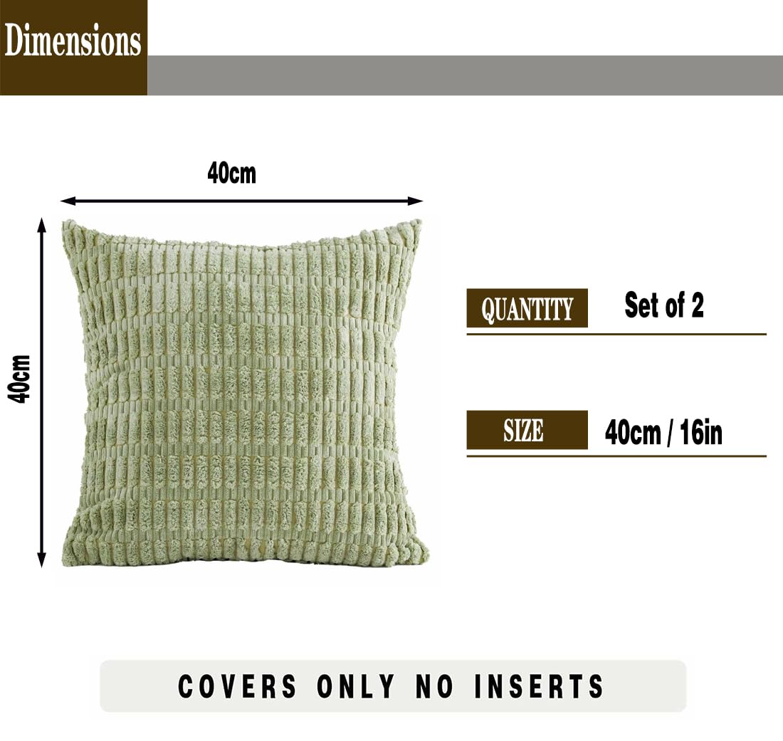 Tennove Cushion Covers 40x40cm Soft Corduroy Square Cushions Pillow Covers Set of 2 Boho Striped Decorative Throw Pillow Cases for Farmhouse Home Sofa Decor Light Green - Image 2