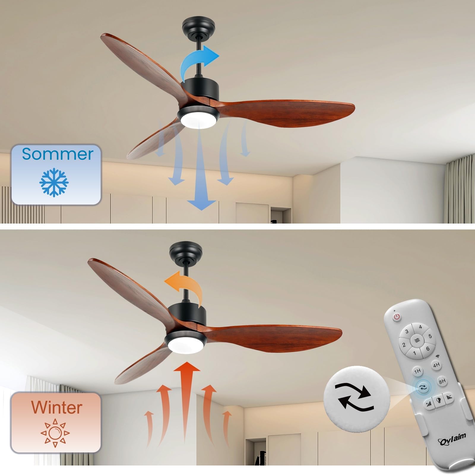 Ovlaim 132cm Walnuss Holz Deckenventilatoren mit Beleuchtung Fernbedienung | 3-Blatt-Propeller Smart Deckenventilator für Indoor Outdoor, hoher Luftstrom leiser DC-Motor