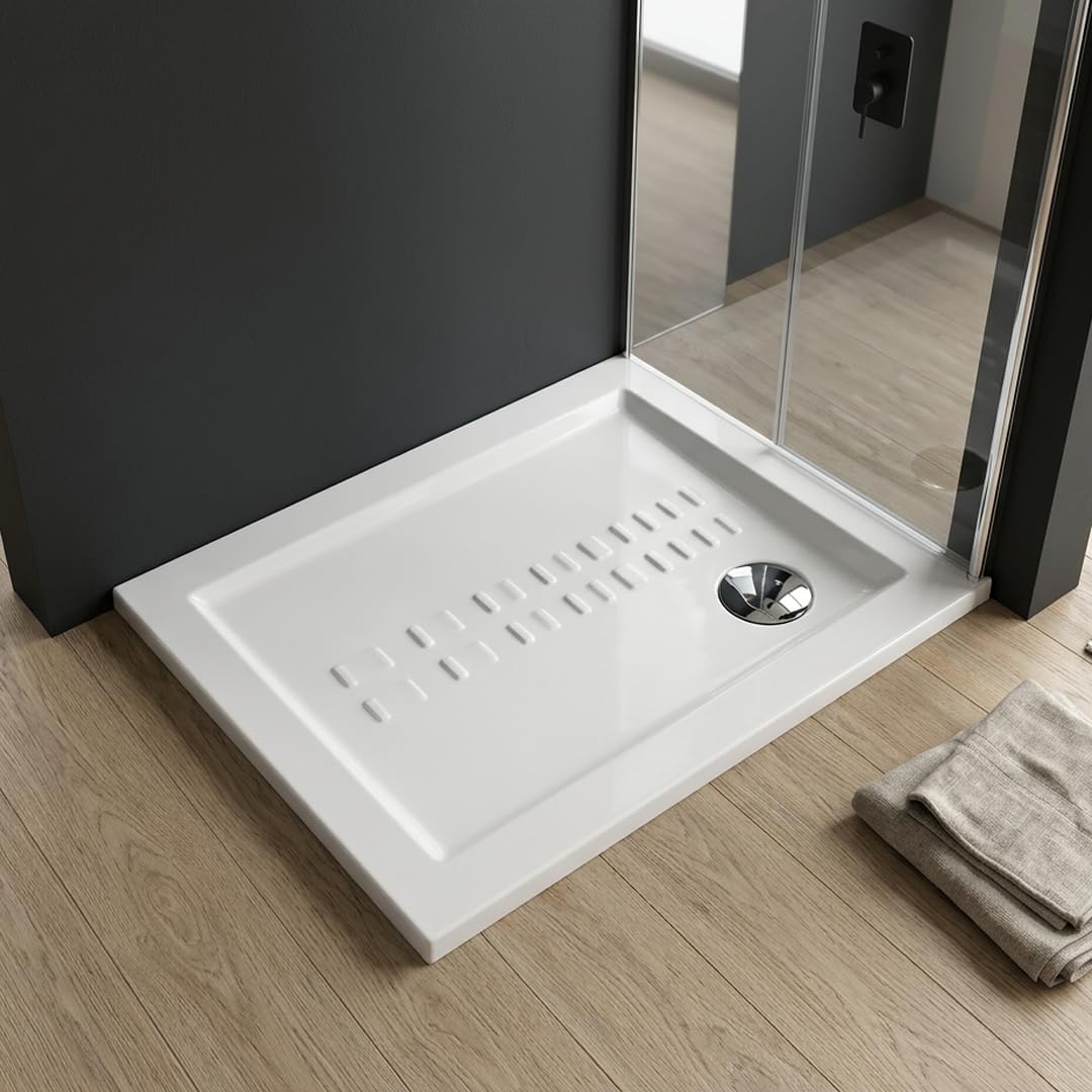 Kiamami Valentina Piatto Doccia 70x90 Filo Pavimento Ceramica Bianco | Rettangolare, spessore 5,5 cm, effetto antiscivolo, installazione filo pavimento, Made in Italy