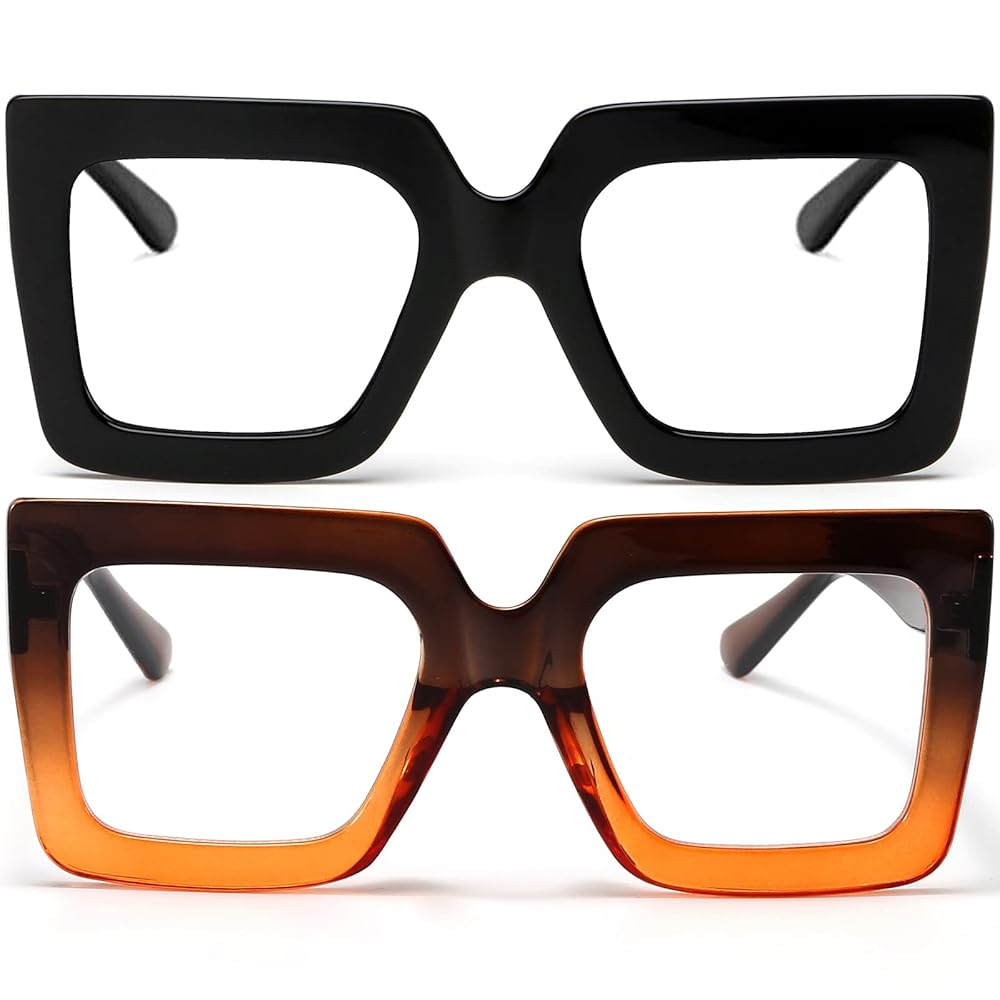 AIEYEZO Oversized Square Blue Light Glasses for Women Cute Big Frame Glasses Fashion Clear Multi-Color Computer Eyewear (Black + Brown Orange)