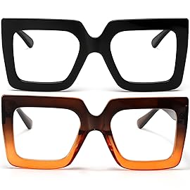 AIEYEZO Oversized Square Blue Light Glasses for Women Cute Big Frame Glasses Fashion Clear Multi-Color Computer Eyewear (Black + Brown Orange)