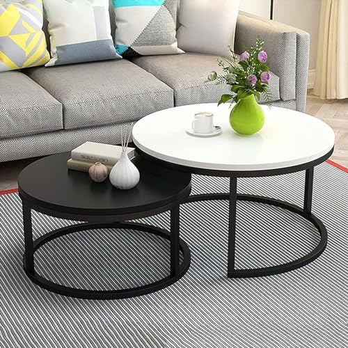 Image of Two-Piece Marble Look Coffee Table Set, top end Side Table, Metal Frame Cocktail Table, Nesting Tea Table, and Home Furniture Size for Living Rooms (Black & White)