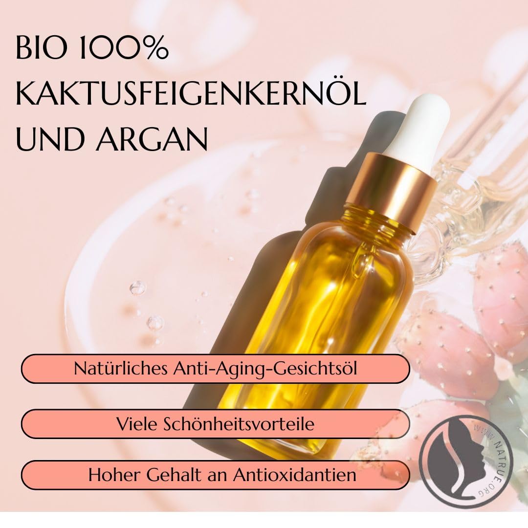 Green idea - Kaktusfeigenkernöl Bio Kaltgepresst mit Arganöl - Natürliches Anti-Aging-Gesichtsöl und Haaröl - Feuchtigkeit für Gesicht mit Antioxidativem Schutz - Gegen Augenringe - NaTrue 25 ml