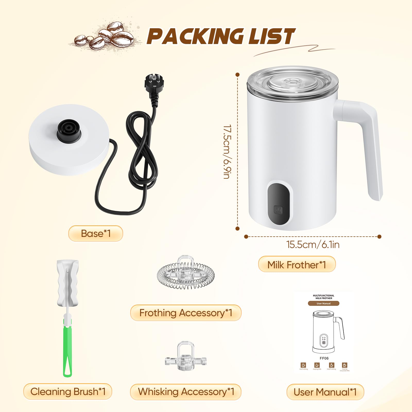4 en 1 Montalatte Elettrico 400W 350ML scaldalatte Montalatte elettrico per cappuccino per Cappuccino, Latte, Macchiato e Cioccolata Calda...