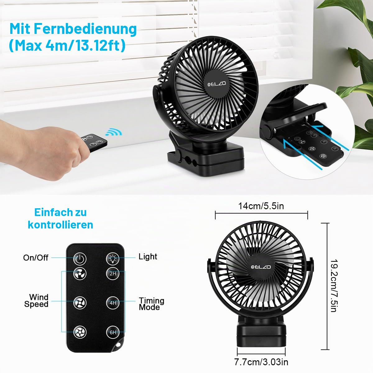 ELZO 12000mAh Camping Ventilator, Wiederaufladbarer Tischventilator USB Mini mit LED Licht, 360° Drehung Leise Fernbedienung