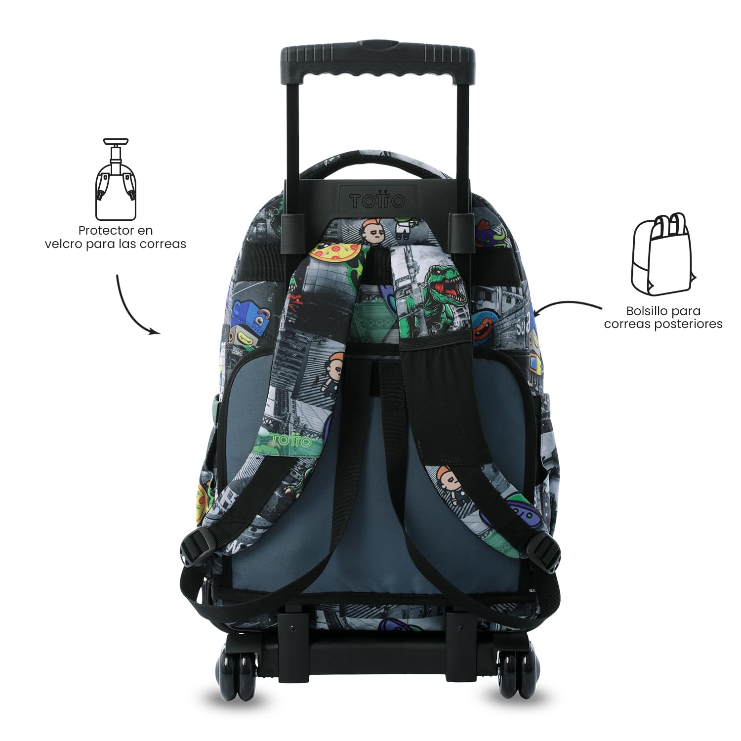 TOTTO - Mochila Escolar con Ruedas, Modelo Renglones, Capacidad 26,21 Litros, Bolsillo para PC 14", Bolsillo Botella, Correas en S para Mayor Comodidad, Resistente, Estampado Rolly Negro