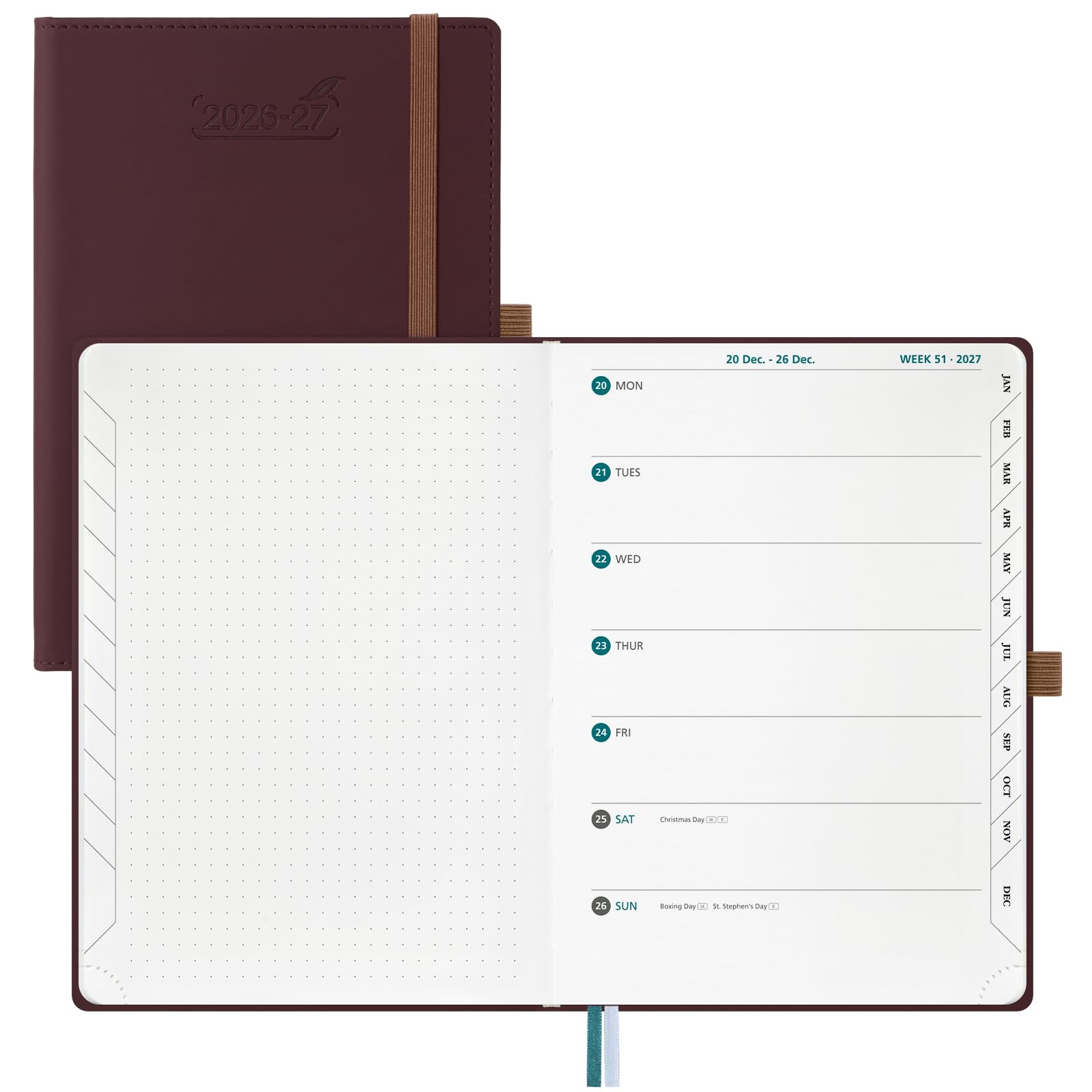 BEZEND A5 Academic Diary 2026-2027 Week to View with Note Pages (Jul 26-Dec 27) Equal Weekend. Weekly Planner Notebook with Monthly Tabs & 90 GSM Paper for Home School Office, Hardback, Burgundy