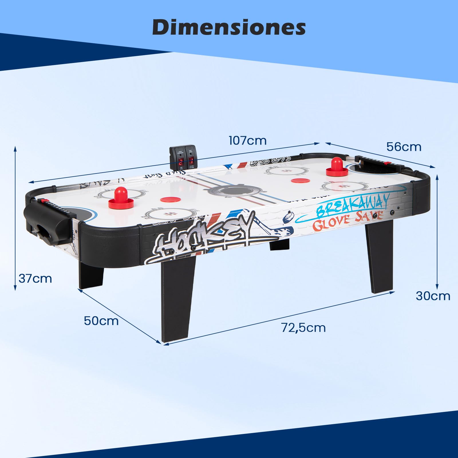 COSTWAY Mini Mesa de Hockey de Aire 110 cm, Set con Mesa de Hockey de Aire con Marcador de Puntos LED Electrónico, 2 Discos, 2 Empujadores, 2 Puertas