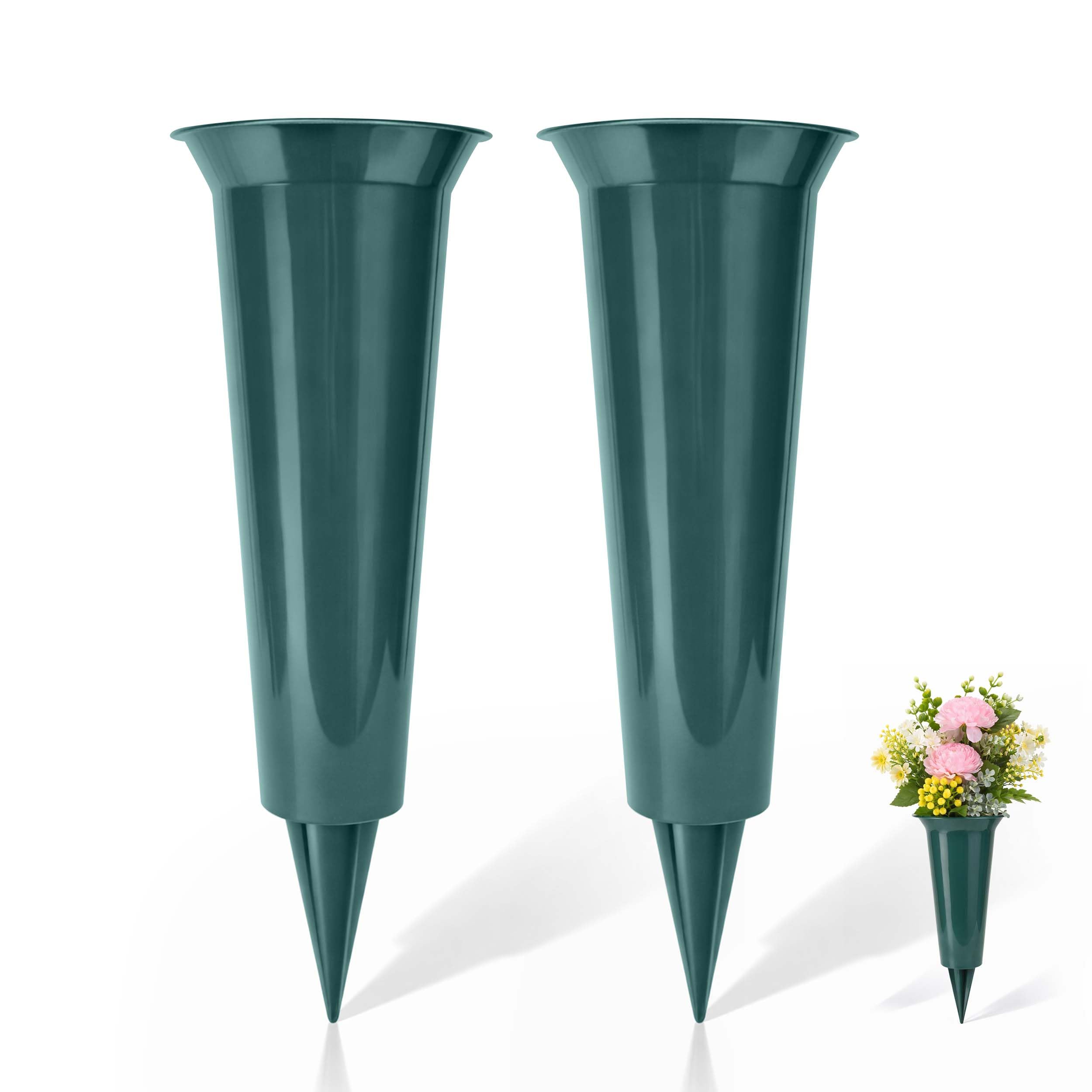 Set of 2 Grave Vases with Spike – Memorial Flower Pots for Graves, Plastic Cemetery Flower Holders, Large Vase for Graveside Flowers, Memorial Vases for Graves (Plain Green)