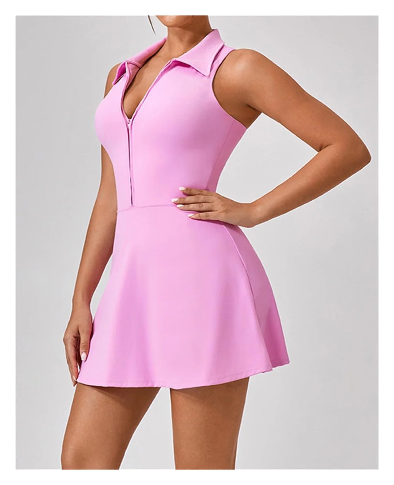 Vestido Padel Mujer Vestido De Tenis For Mujer, Cuello Vuelto, Cremallera Frontal, 2 En 1, Ajustado For Deportes Golf, Entrenamiento Físico, Correr, Falda Pantalón con Bolsillo(Pink,L)
