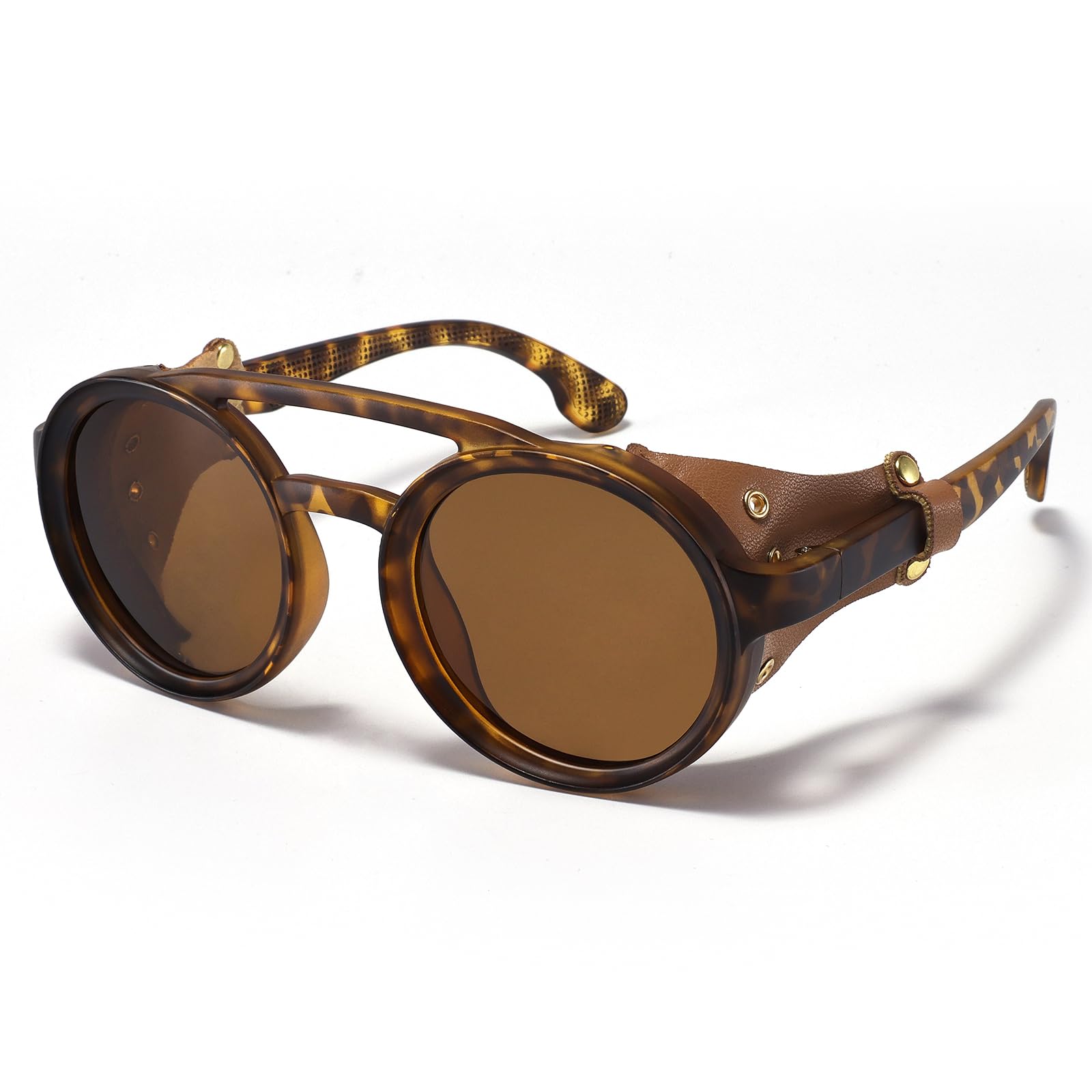 Polarized Round Steampunk Sunglasses with Leather Side Double Bridge Shield  Retro Eyewear for Men Women