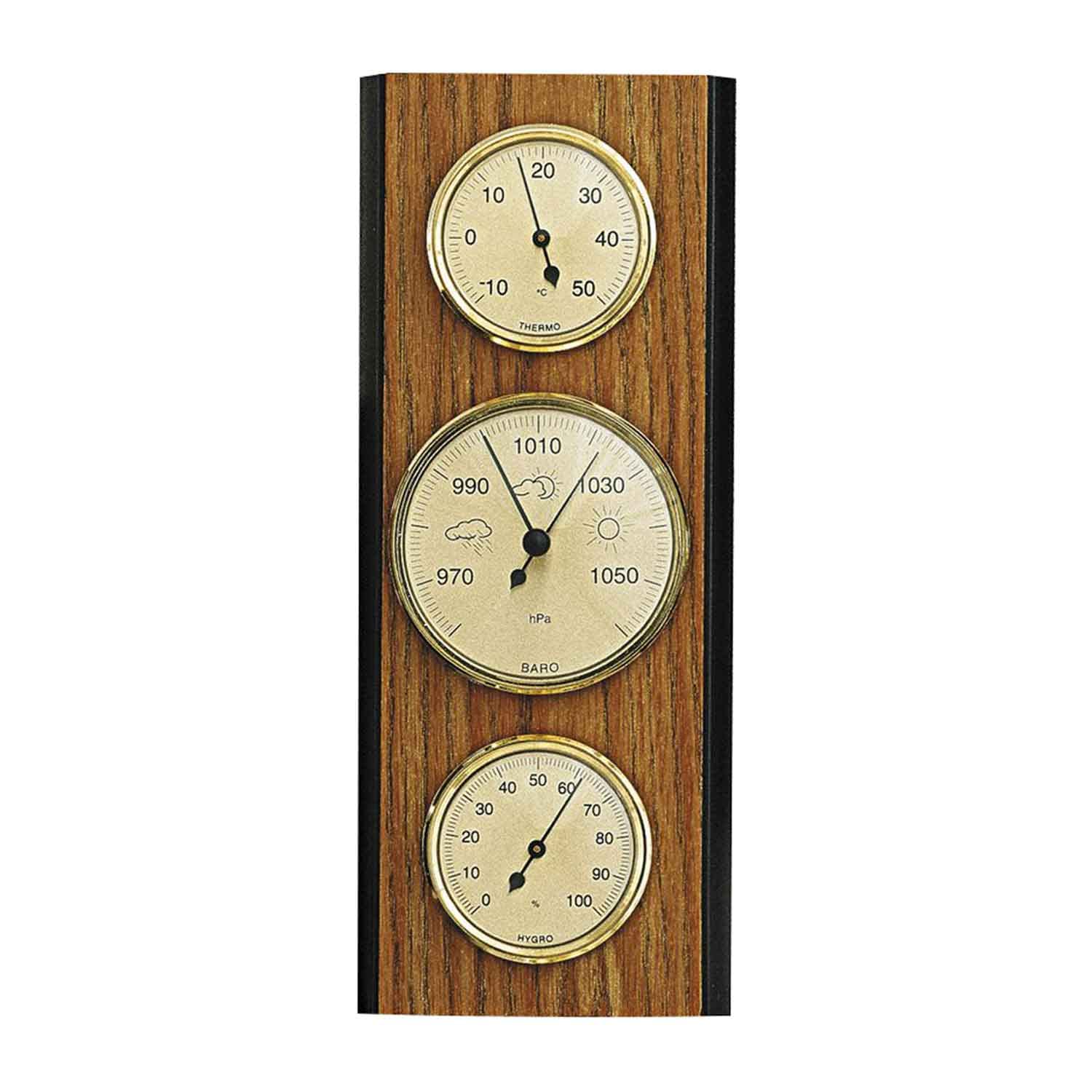 SELVA Wetterstation mit Hygrometer, Barometer und Thermometer, 110 x 270 mm, made in Germany, Farbe:Eiche rustikal