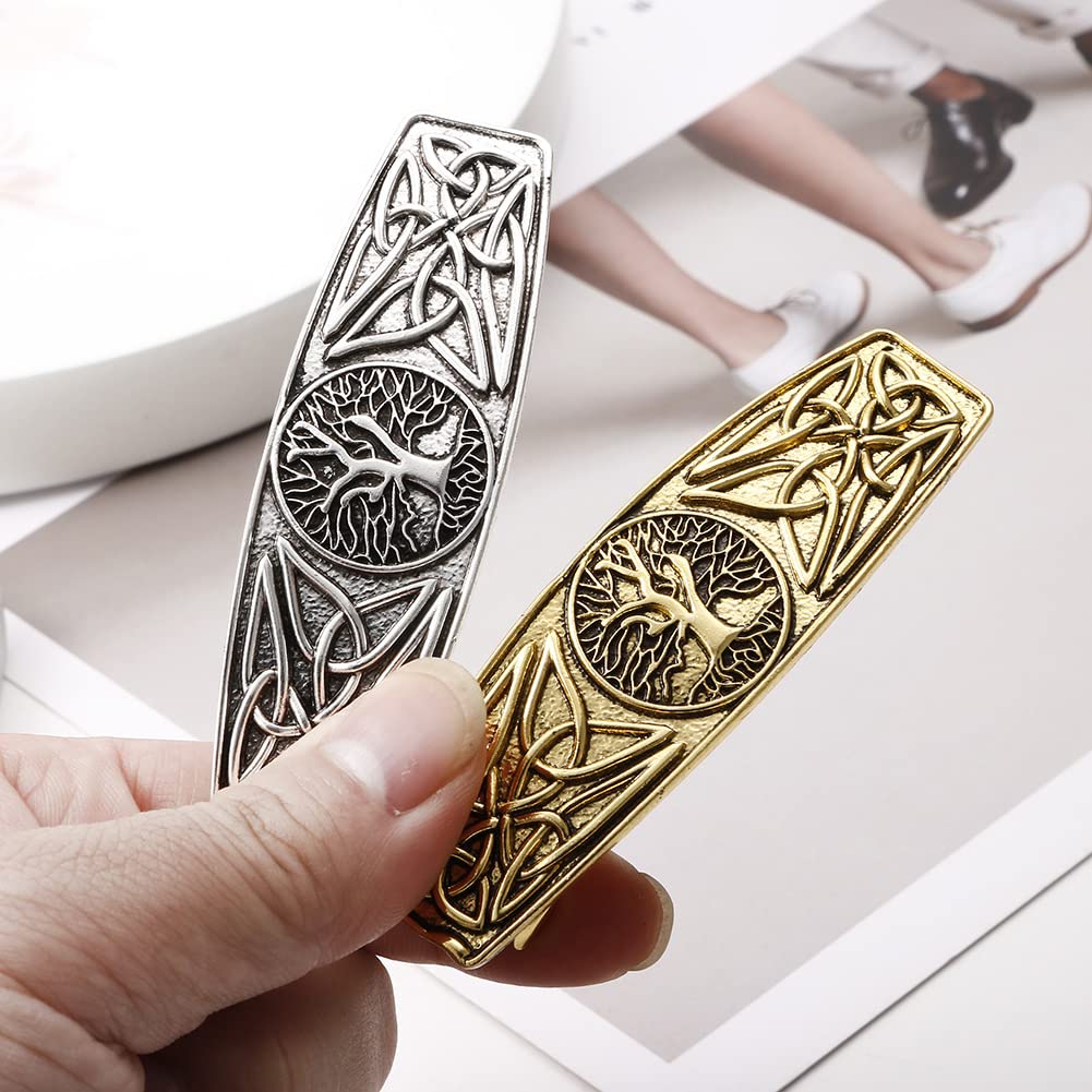 JKJF 2 Pcs Celtic Knot Barrette Vintage Hair Barrettes Metal French Hair Clips Engraved Headwear for Women Girls - Gold Silver Style 1: Tree of life #4