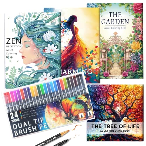 La mejor comparación de Colorantes de esta semana. 48 Libro para Colorear Adultos para Mujeres, con 24 Marcadores de Doble Punta, Set de 4 Libros de Colorear con 128 Patrones (Árboles Jardín Zen Meditación) para Relajación y...