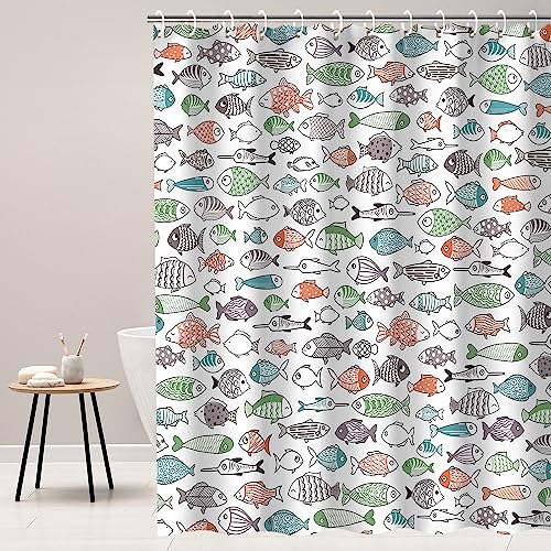 Image of RosieLily Colorful Fishes Shower Curtain, Kids Shower Curtains Set with 12 Hooks, Waterproof Shower Curtain for Bathroom, 72 x 78 Inch, Cartoon Fun Fishes Ocean Animals Bath Curtains