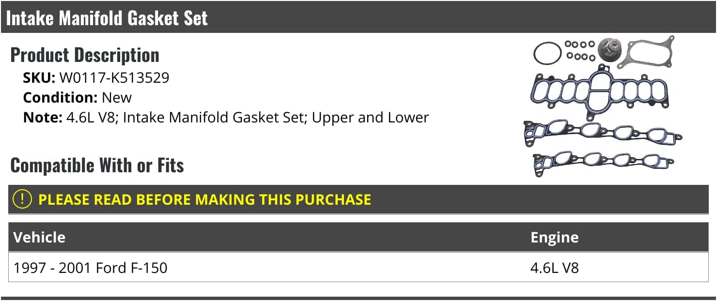 Upper and Lower Intake Manifold Gasket Set - Compatible with 1997-2001 Ford F-150 4.6L V8