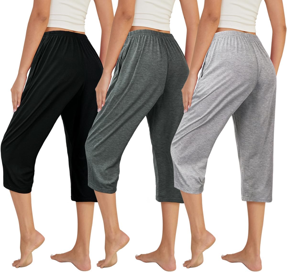 VENTELAN 3 Pack Womens Ultra-Soft Capri Pajama Pants Adjustable Waistband Sleepwear Bottoms (Available in Plus Size) S-XXXL