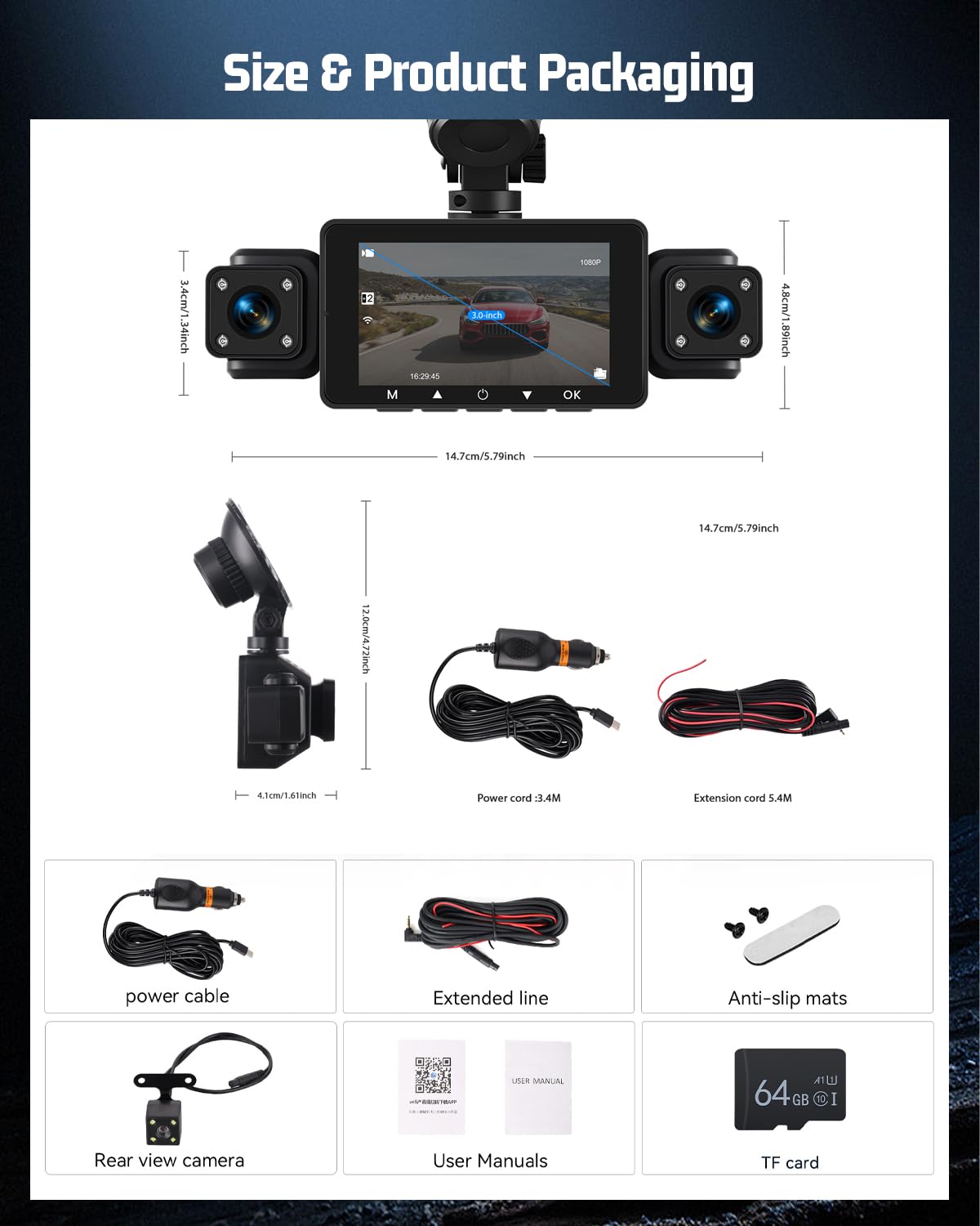 NHOPEEW Cámara de Auto 360° de 4 Canales – Cámara de Auto 1080P con G-Sensor/Control App WiFi, Visión Nocturna IR/Grabación en Bucle/Detección de Movimiento