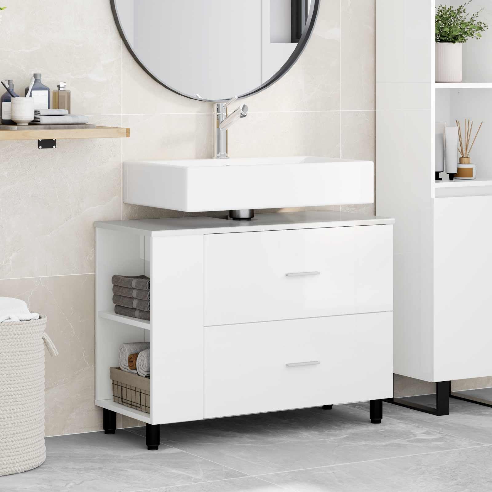 Mobile sottolavabo bianco lucido, 80 x 35 x 60 cm, mobile da bagno
