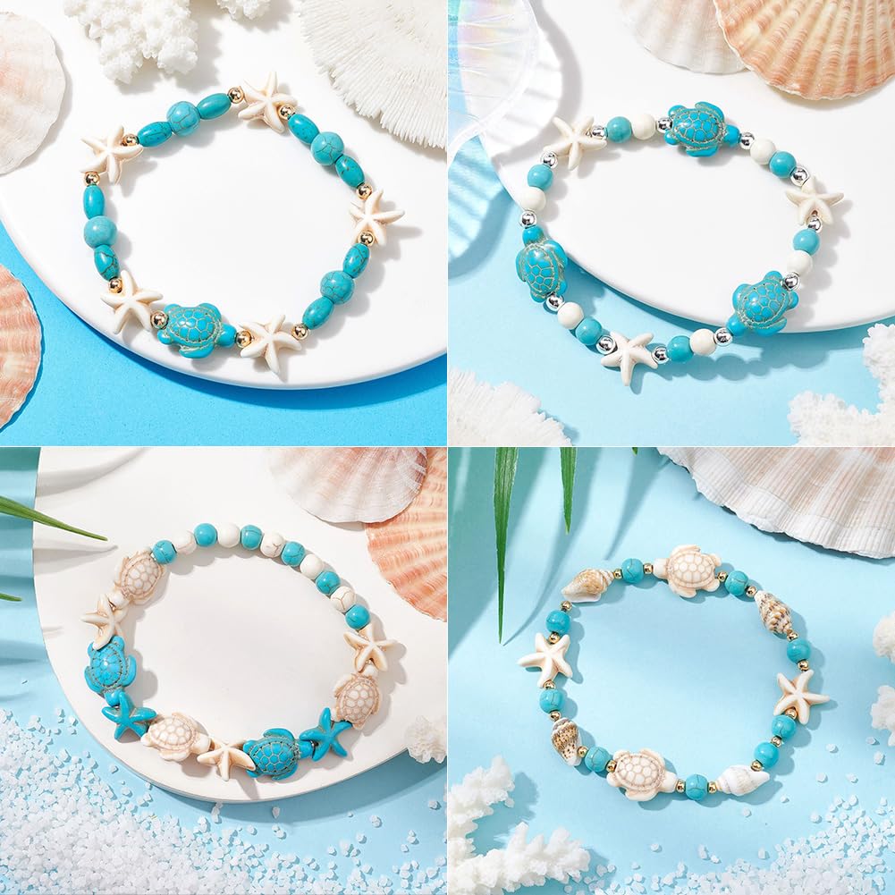 SUNNYCLUE 1 scatola 8 pezzi 5 stili Braccialetti Turchesi per Donne Braccialetti Oceano per Donne Alla Moda Turchese Sintetico Multistrato Bianco Blu Tartaruga Mare Spiaggia Set di Gioielli con Perlin