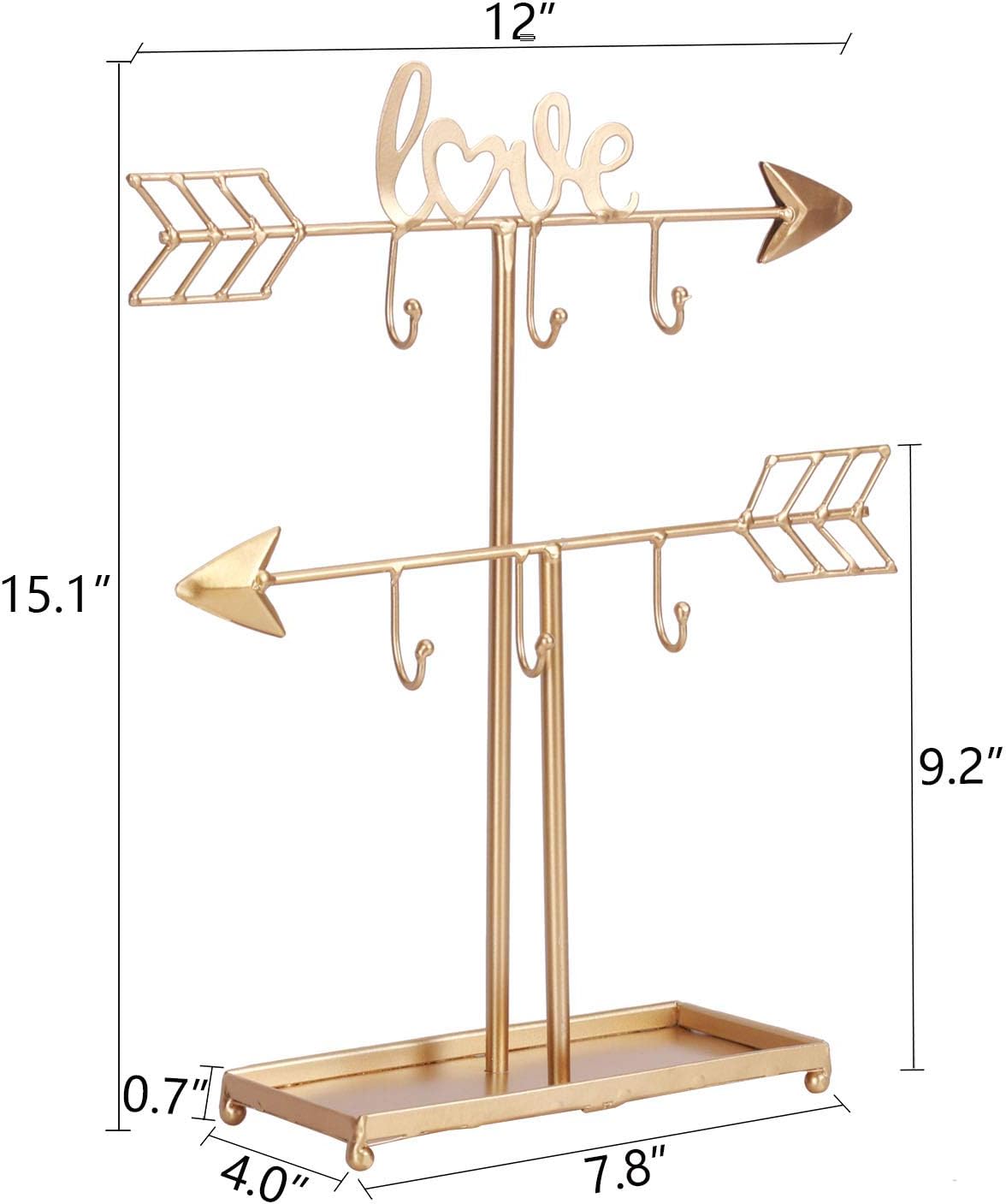 Yamfurvo Metal Display Stands, Jewelry Organizer Tower, Decorative Arrow T-bar Jewelry Holder for Necklace, Earring, Bracelet, Watch, Gold
