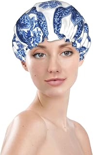 Blue Chains And Links With Flowers Prints Shower Cap Double Layer Lined Waterproof Bathing Shower Hat