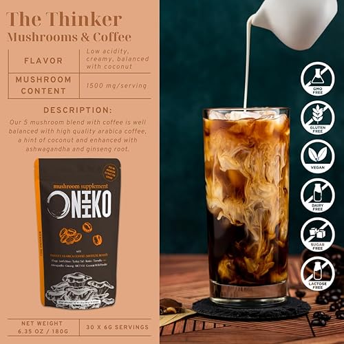 Miniatura 6 de Café de 5 hongos  Mezcla de energía y enfoque con chaga, melena de león, ashwagandha, ginseng, aceite MCT, extracto de 1500 mg, 30 porciones, polvo