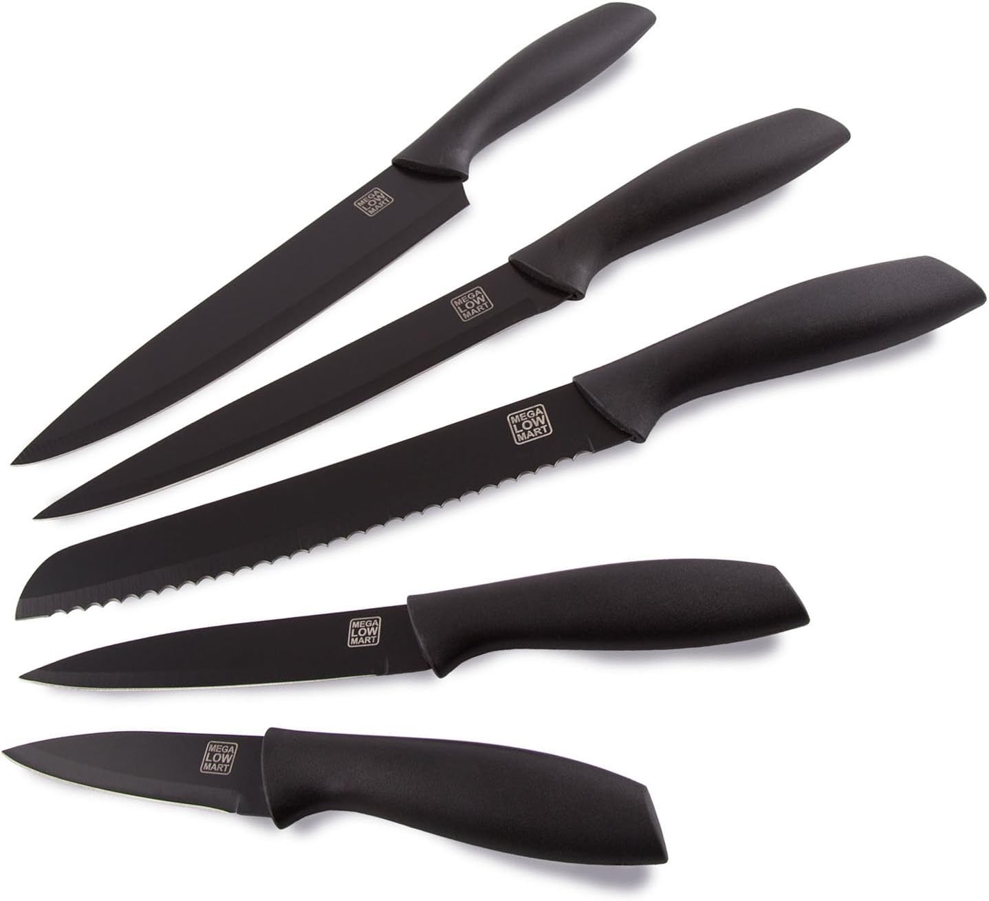 MEGALOWMART Set of 5 Black Stainless Steel Knife Set Cutlery Kitchen Knives