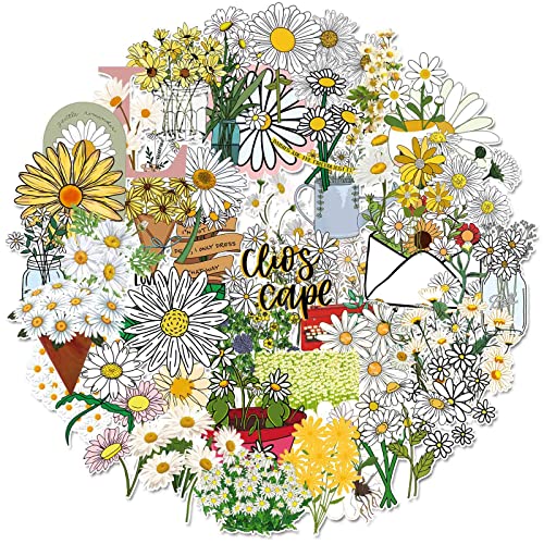 Daisy Laptop Stickers, 50PCS Aesthetic Floral Vinyl Sticker Pack for Water Bottle Phone Case Luggage Notebook, Cute Flower Decals for Teens Girls Adults DIY Decor