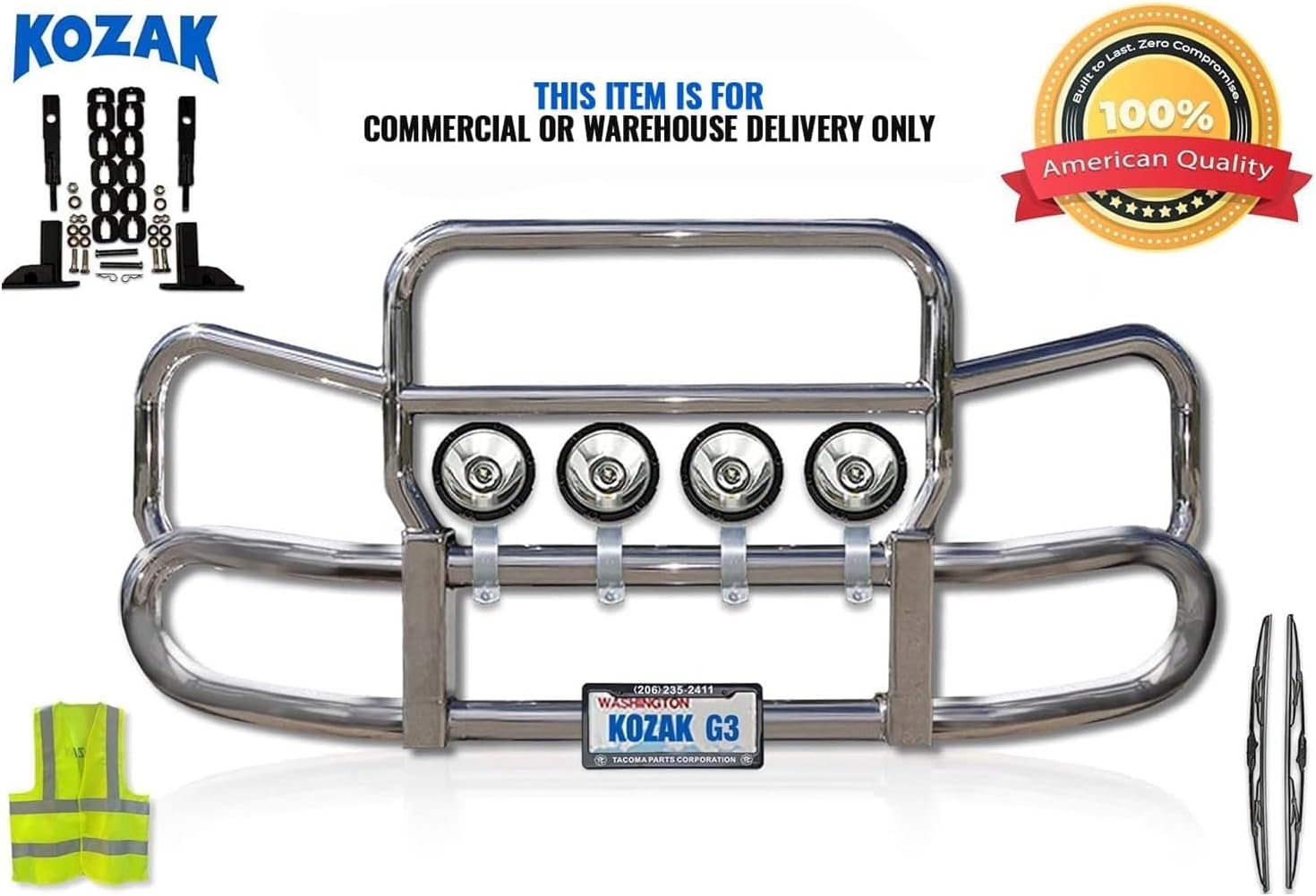 KOZAK Grille Deer Moose Brush Bumper Guard HERD 300 Compatible with Peterbilt 567 SBA 2008-2025 Truck PLUS Brackets, 4x 6" LED Lights, Logo, 2x Wipers, KOZAK Reflective Vest