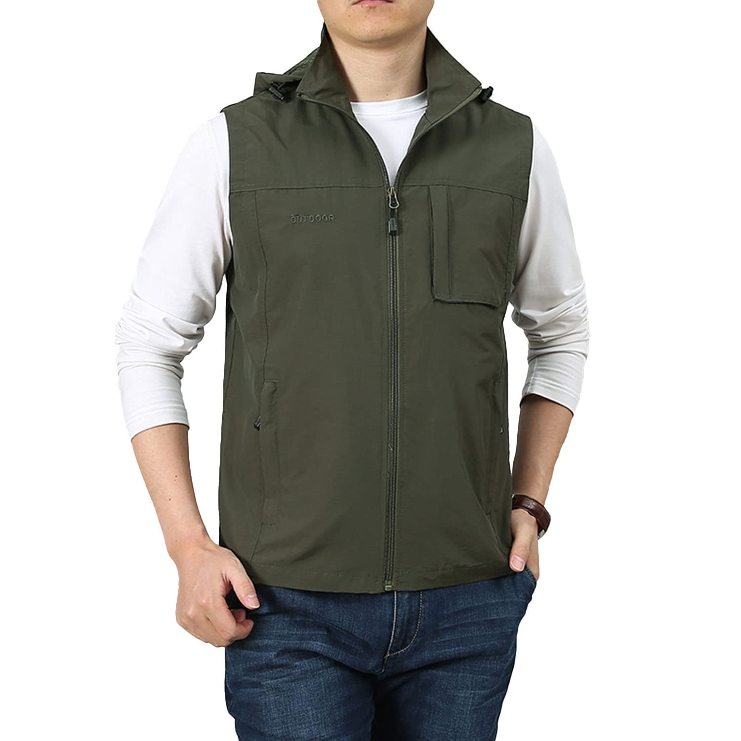 Chaleco Multibolsillos para Hombre Chaleco Pesca Casual Al Aire Libre Chaleco Sin Mangas Práctica Fotografía Chaqueta con Capucha A Prueba De Viento