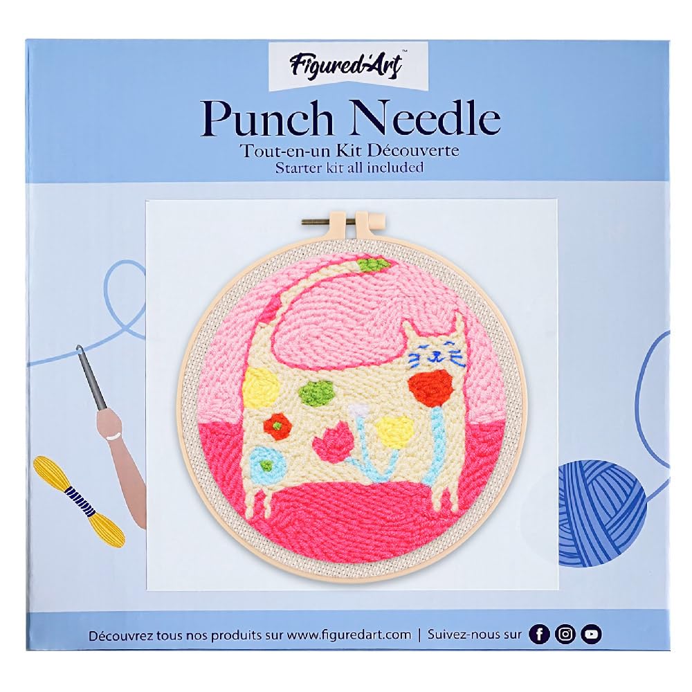 Figured'Art Punch Needle Kit Completo Per Adulti E Bambini – Disegno Fiori Rossi, Tela 20x20 Cm, Telaio Circolare, Lana E Ago Inclusi, Ideale Per Principianti