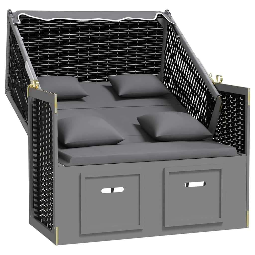 Kosz plażowy z poduszkami, polirattan, lite drewno, antracytowo-czarny, 115 x 55 x 156 cm, 3-stopniowa regulacja oparcia, wysuwany podnóżek, dach przeciwsłoneczny, idealny do ogrodu, na taras